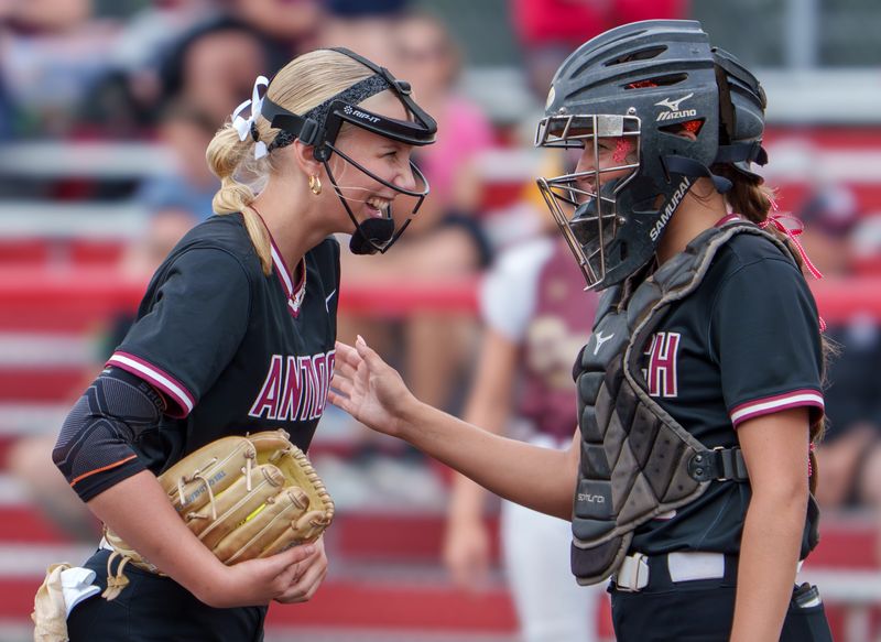 Antioch pitcher Pearl Wenzel, left, and catcher Addison Webb share a moment on the mound in the seventh inning of the Class 3A softball state semifinals Friday, June 5, 2026 at the Louisville Slugger Sports Complex in Peoria. The Sequoits defeated the Dunlap Eagles 6-1.