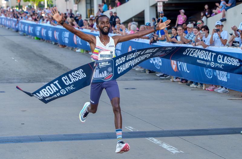 Ahmed Muhumed of Arizona crosses the finish line to win the USATF 4-Mile Men's Road Championshipat the 52nd Steamboat Classic road races Saturday, June 6, 2026 in Downtown Peoria.