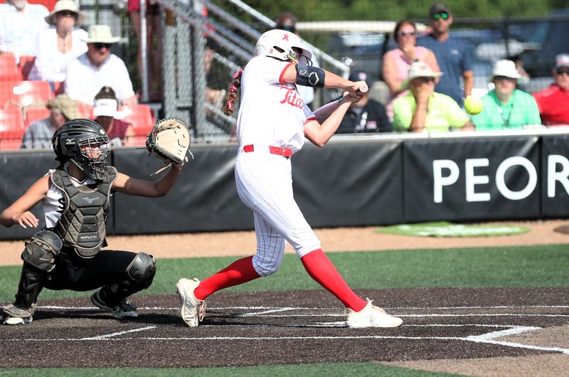 Chatham Glenwood's Jemma Lamb delivers an RBI hit against Antioch during the Class 3A state championship game at the Louisville Slugger Sports Complex in Peoria on Saturday, June 6, 2026.