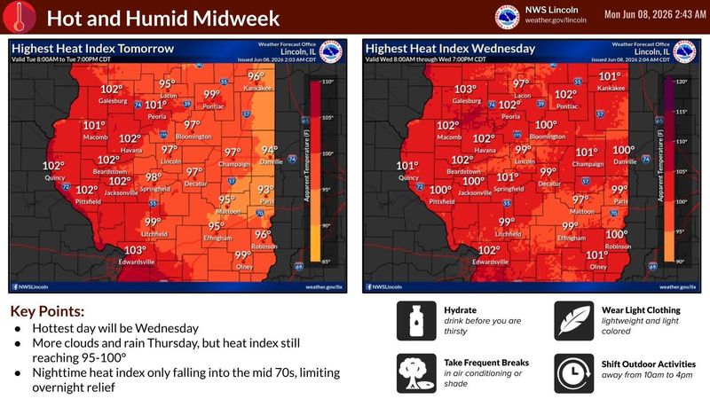A hot and humid midweek is predicted in Illinois, according to this infographic from Monday, June 8.