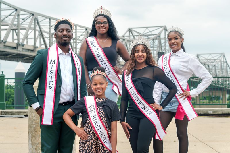 The 2026 Juneteenth Pageant Royal Court: Little Miss Juneteenth Arria, front, Mr. Juneteenth Patrick Pollard, far left, Miss Teen Juneteenth Emonnii Jennings, far right, Miss Juneteenth Jordan Janae Doss-Watson, top, and Mrs. Juneteenth Briana Stevenson.