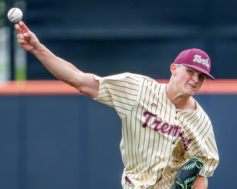 Tremont pitcher Chase Rhodes throws against Putnam County in the first inning of the Class 1A baseball state title game Saturday, June 13, 2026 at Illinois Field in Champaign.
