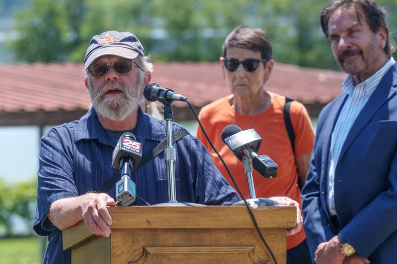 Keith Holtzman, a distant relative of Thomas Detweiller, shares some history and thoughts on his philanthropic relative during a street dedication ceremony Tuesday, June 23, 2026 at Detweiller Marina and Playground in Peoria. Thomas Detweiller donated the riverfront property to the city in 1947.