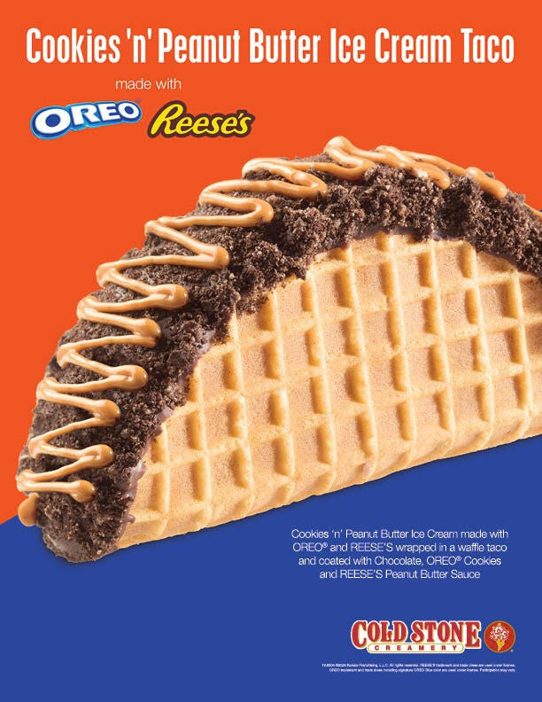 Cold Stone Creamery is celebrating National Ice Cream Month with a Cookies 'n' Peanut Butter Ice Cream Taco made with OREO® and REESE'S!