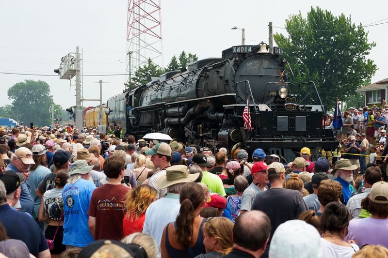 Union Pacific's Big Boy No. 4014 steam locomotive makes a whistle stop in Knox, Indiana, on Thursday, July 16, 2026.
