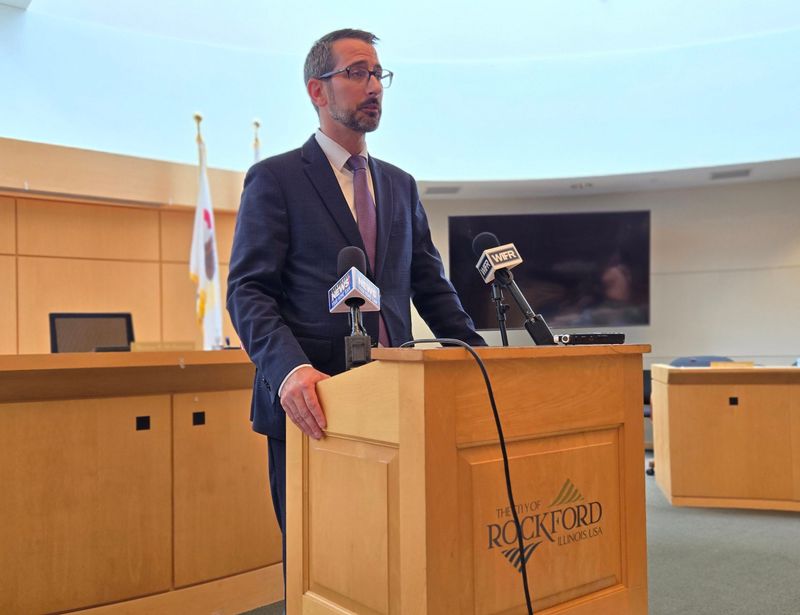 Rockford Mayor Tom McNamara announces during a July 27, 2026 news conference at Rockford City Hall that he is resigning midway through his third term in office to lead the Illinois Municipal League.