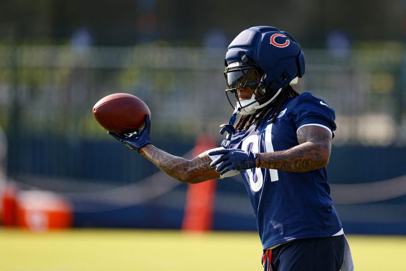 Jul 29, 2026; Lake Forest, IL, USA; Chicago Bears wide receiver Zavion Thomas (81) warms up during Training Camp at Halas Hall. Mandatory Credit: Kamil Krzaczynski-Imagn Images