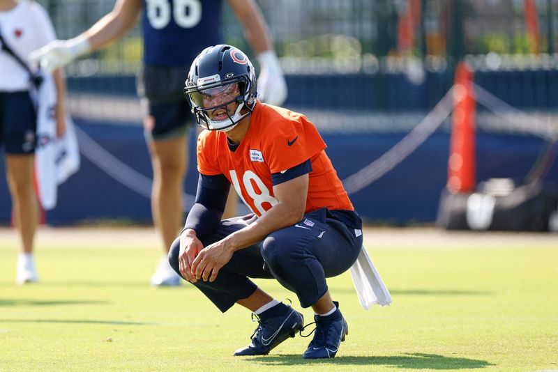 Jul 29, 2026; Lake Forest, IL, USA; Chicago Bears quarterback Caleb Williams (18) looks on during Training Camp at Halas Hall. Mandatory Credit: Kamil Krzaczynski-Imagn Images