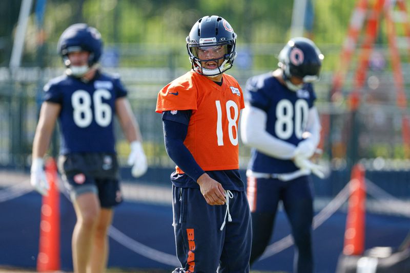 Jul 29, 2026; Lake Forest, IL, USA; Chicago Bears quarterback Caleb Williams (18) looks on during Training Camp at Halas Hall. Mandatory Credit: Kamil Krzaczynski-Imagn Images