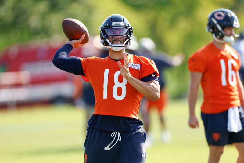 Jul 29, 2026; Lake Forest, IL, USA; Chicago Bears quarterback Caleb Williams (18) passes the ball during Training Camp at Halas Hall. Mandatory Credit: Kamil Krzaczynski-Imagn Images