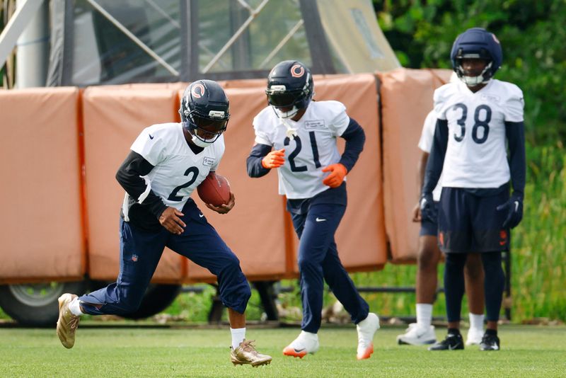 Jul 31, 2026; Lake Forest, IL, USA; Chicago Bears defensive back Coby Bryant (2) runs with the ball during Training Camp at Halas Hall. Mandatory Credit: Kamil Krzaczynski-Imagn Images