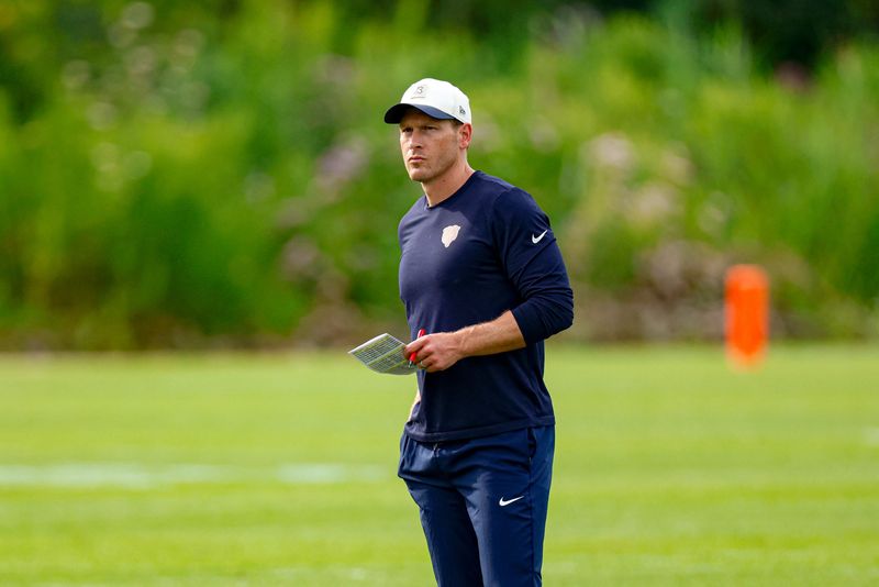 Jul 31, 2026; Lake Forest, IL, USA; Chicago Bears head coach Ben Johnson looks on during Training Camp at Halas Hall. Mandatory Credit: Kamil Krzaczynski-Imagn Images