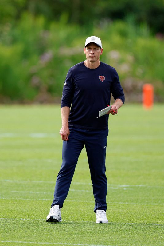 Jul 31, 2026; Lake Forest, IL, USA; Chicago Bears head coach Ben Johnson looks on during Training Camp at Halas Hall. Mandatory Credit: Kamil Krzaczynski-Imagn Images