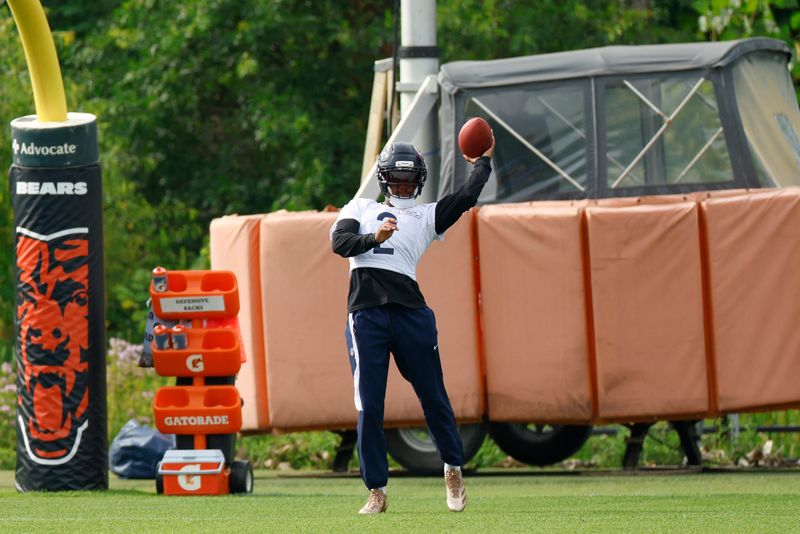 Jul 31, 2026; Lake Forest, IL, USA; Chicago Bears defensive back Coby Bryant (2) passes the ball during Training Camp at Halas Hall. Mandatory Credit: Kamil Krzaczynski-Imagn Images