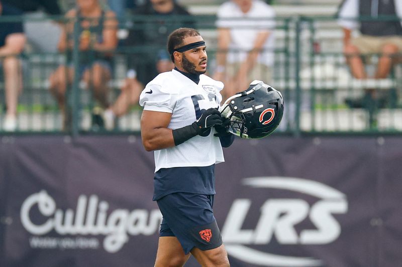 Aug 5, 2026; Lake Forest, IL, USA; Chicago Bears linebacker T.J. Edwards (53) walks on the field during training camp at Halas Hall. Mandatory Credit: Kamil Krzaczynski-Imagn Images