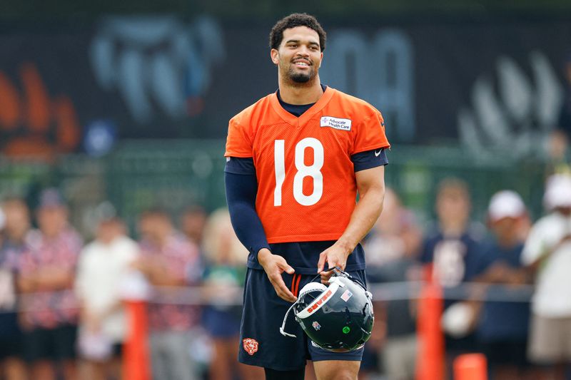 Aug 5, 2026; Lake Forest, IL, USA; Chicago Bears quarterback Caleb Williams (18) stands on the field during training camp at Halas Hall. Mandatory Credit: Kamil Krzaczynski-Imagn Images