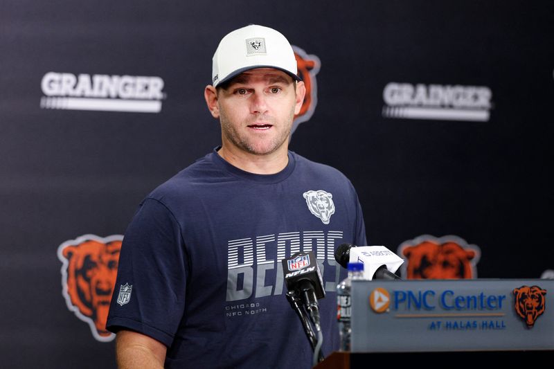 Aug 5, 2026; Lake Forest, IL, USA; Chicago Bears offensive coordinator Press Taylor speaks during training camp at Halas Hall. Mandatory Credit: Kamil Krzaczynski-Imagn Images
