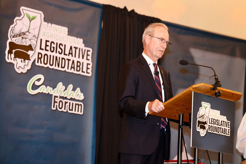 U.S. Senate candidate Don Tracy speaks at the Illinois Agriculture Legislative Round Table in Shirley, Illinois on Aug. 10, 2026. Tracy is running as a Republican to replace retiring Senator Dick Durbin.