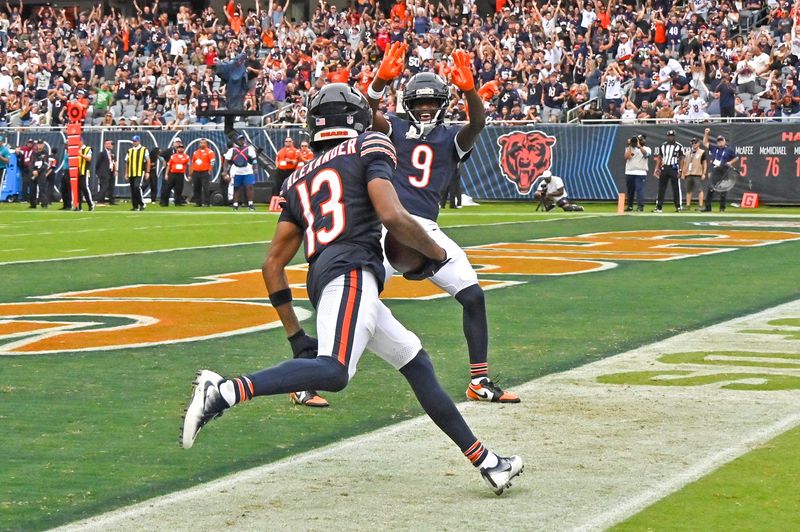 Aug 15, 2026; Chicago, Illinois, USA; Chicago Bears wide receiver Maurice Alexander (13) runs in to score a touchdown as wide receiver Jahdae Walker (9) reacts against the Cleveland Browns during the first half at Soldier Field. Mandatory Credit: Patrick Gorski-Imagn Images