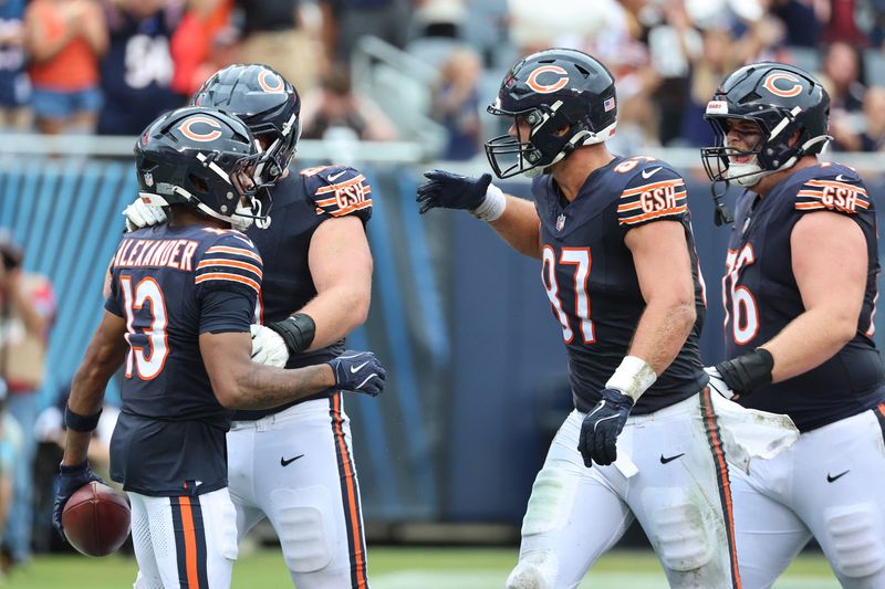 Aug 15, 2026; Chicago, Illinois, USA; Chicago Bears wide receiver Maurice Alexander (13) reacts after scoring a touchdown against the Cleveland Browns during the first half at Soldier Field. Mandatory Credit: Mike Dinovo-Imagn Images