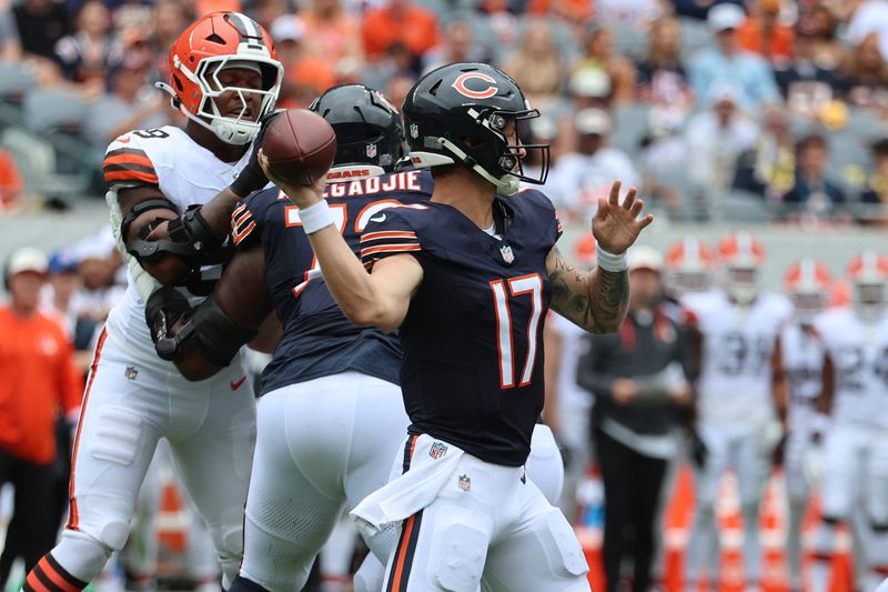 Aug 15, 2026; Chicago, Illinois, USA; Chicago Bears quarterback Tyson Bagent (17) drops back to pass against the Cleveland Browns during the first half at Soldier Field. Mandatory Credit: Mike Dinovo-Imagn Images