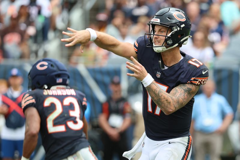 Aug 15, 2026; Chicago, Illinois, USA; Chicago Bears quarterback Tyson Bagent (17) drops back to pass against the Cleveland Browns during the first half at Soldier Field. Mandatory Credit: Mike Dinovo-Imagn Images
