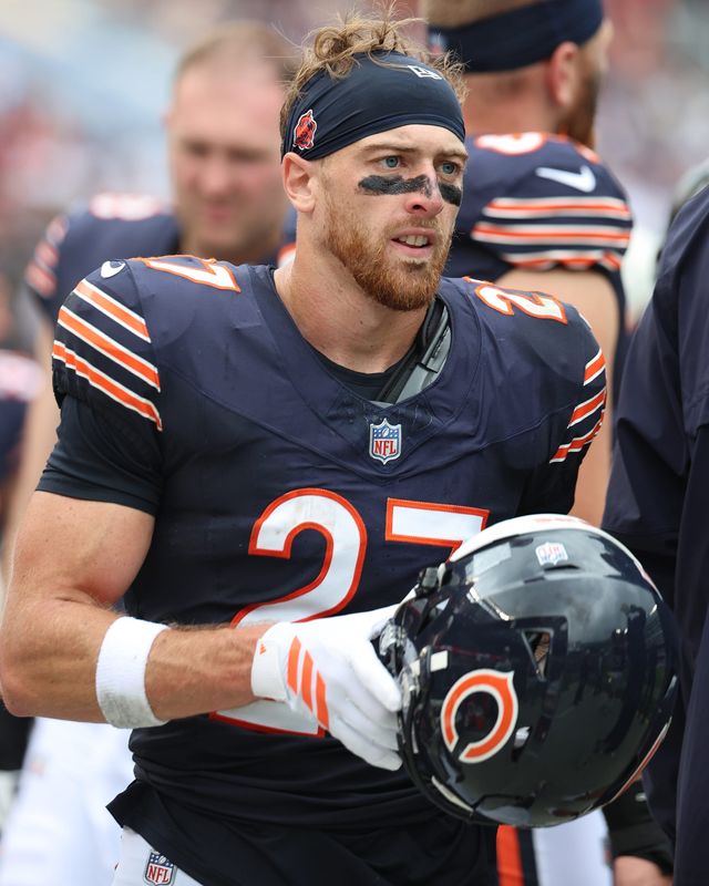 Aug 15, 2026; Chicago, Illinois, USA;  Chicago Bears wide receiver Kaden Davis (27) during the first half at Soldier Field. Mandatory Credit: Mike Dinovo-Imagn Images