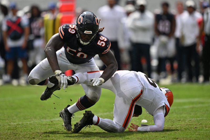 Aug 15, 2026; Chicago, Illinois, USA; Chicago Bears defensive end Jamree Kromah (59) sacks Cleveland Browns quarterback Dillon Gabriel (6) during the second half at Soldier Field. Mandatory Credit: Patrick Gorski-Imagn Images