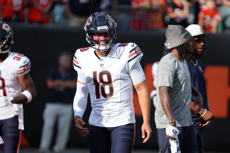 Aug 22, 2026; Cincinnati, Ohio, USA;  Chicago Bears quarterback Caleb Williams (18) warms up before the game  against the Cincinnati Bengals at Paycor Stadium.  Mandatory Credit: Joseph Maiorana-Imagn Images
