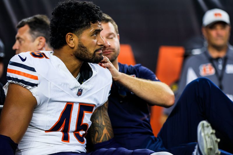 Aug 22, 2026; Cincinnati, Ohio, USA; Chicago Bears linebacker Nephi Sewell (45) gets carted off the field in the first half against the Cincinnati Bengals at Paycor Stadium. Mandatory Credit: Katie Stratman-Imagn Images
