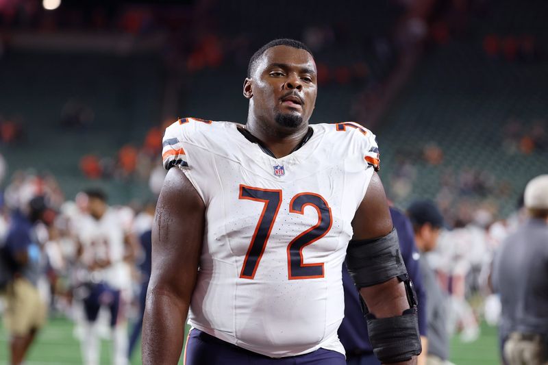 Aug 22, 2026; Cincinnati, Ohio, USA;  Chicago Bears offensive tackle Kiran Amegadjie (72) after a game against the Cincinnati Bengals at Paycor Stadium.  Mandatory Credit: Joseph Maiorana-Imagn Images