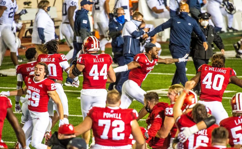 Indiana’s Whop Phylor (1) celebrates IU's overtime victory during the Indiana versus Penn State football game Saturday, October 24, 2020. (Rich Janzaruk / Herald-Times)