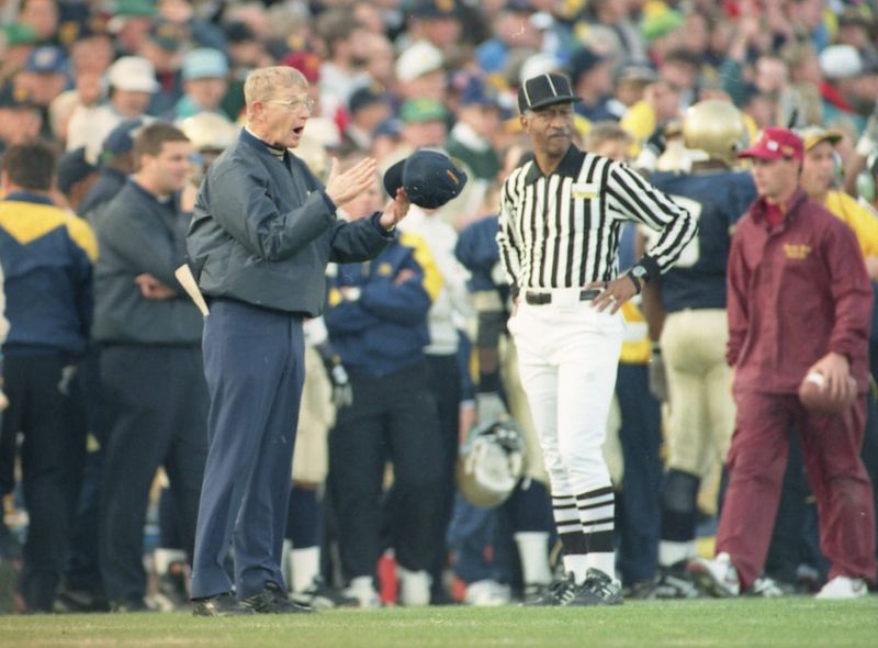 Notre Dame head coach Lou Holtz matched the intensity of the crowd in ND’s 31-24 victory over Florida State in 1993.