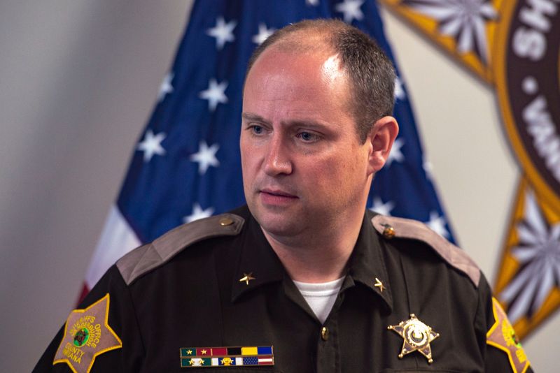 Vanderburgh County Sheriff Noah Robinson speaks to reporters on April 13, 2023. The Democrat is unopposed in his campaign for re-election.