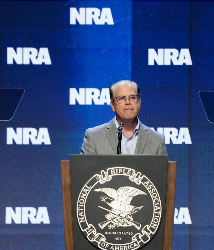 U.S. Sen. Mike Braun speaks Friday, April 14, 2023, during the NRA convention at the Indiana Convention Center in Indianapolis.