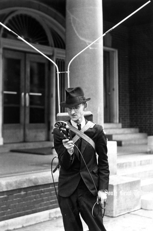 A WSBT radio employee with portable radio equipment is shown in 1937. WSBT Radio started in the South Bend Tribune Building. Tribune photo archives