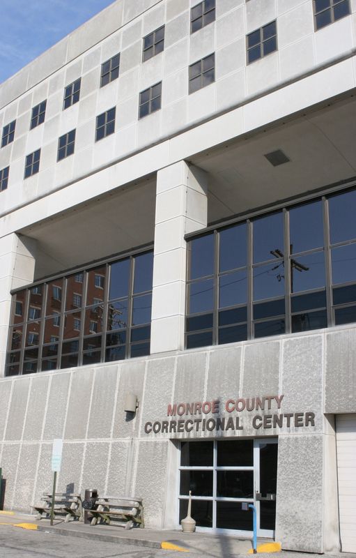 The entrance to the Monroe County jail in Bloomington, which takes up the lower level and upper two floors at the Zietlow Justice Center.