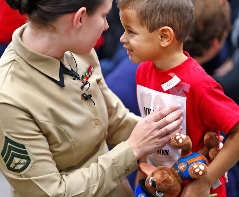Marine Staff Sgt. Mariah Singleton surprised her son Cameron at his school, Stony Creek Elementary School in Noblesville, during a Veterans Day assembly, Monday, Nov. 12, 2018.  She was reunited with her other son earlier in the day, as she came home early from active duty.  The boys had been separated from their mother for about nine months while she was deployed.