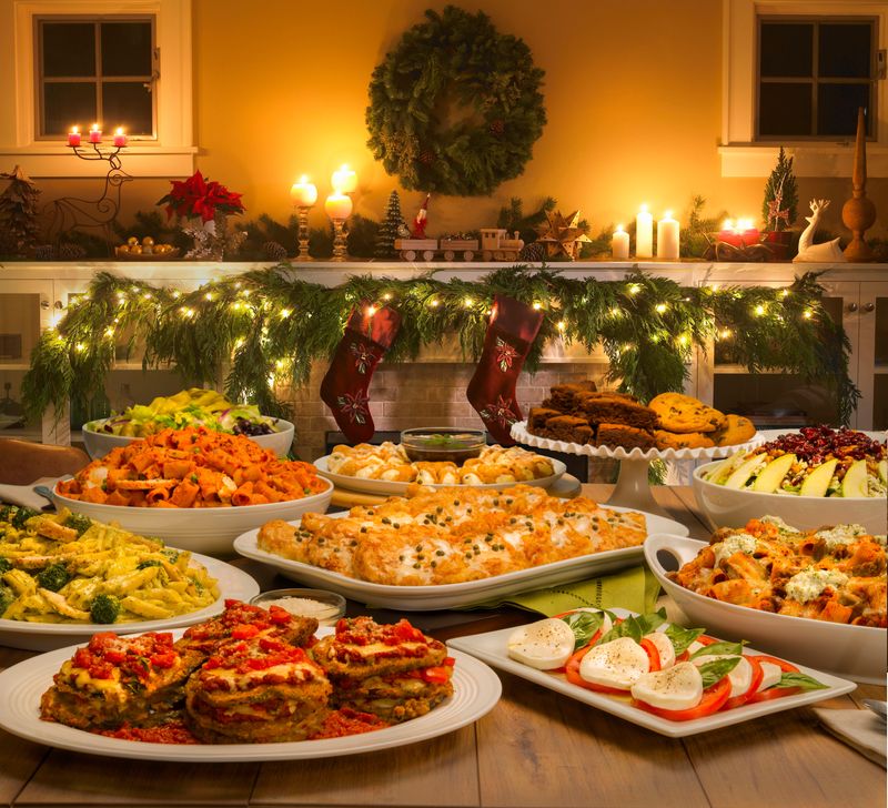 A Buca di Beppo feast of Christmas past included includes turkey, sausage stuffing, garlic mashed potatoes, green beans and cranberry sauce.