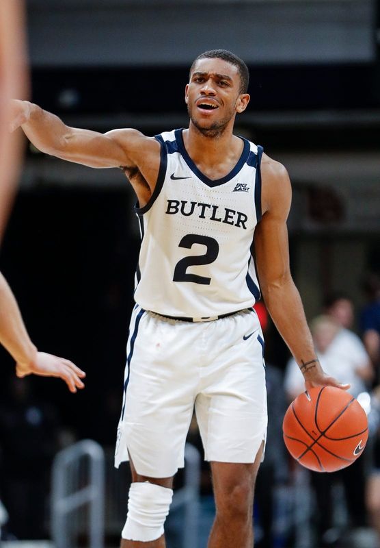 Butler Bulldogs guard Aaron Thompson (2) points and talks to teammates during the second half at Hinkle Fieldhouse, Saturday, Nov. 16, 2019, Indianapolis. The Bulldogs defeated the Wofford Terriers, 80-61.