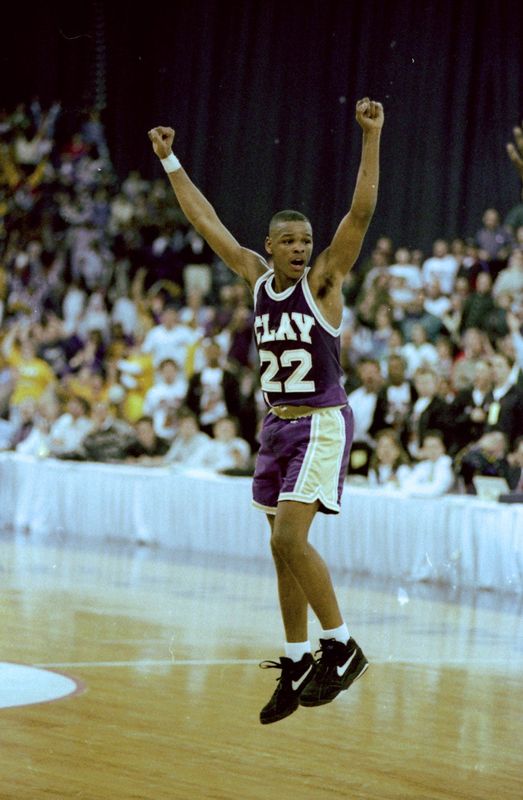 Jaraan Cornell celebrates hitting the tying shot at the buzzer as South Bend Clay went on to defeat No. 1 Valparaiso in overtime for the 1994 state championship.