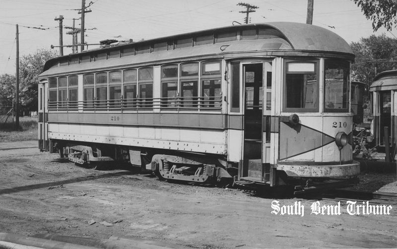 June 1940 photo of South Bend electric streetcar 210, purchased from St. Louis Car Co. in 1900. It was first used on an Elkhart to Niles interurban line, then switched to the South Bend city line in 1922. It was still in use when streetcars were phased out in 1940.