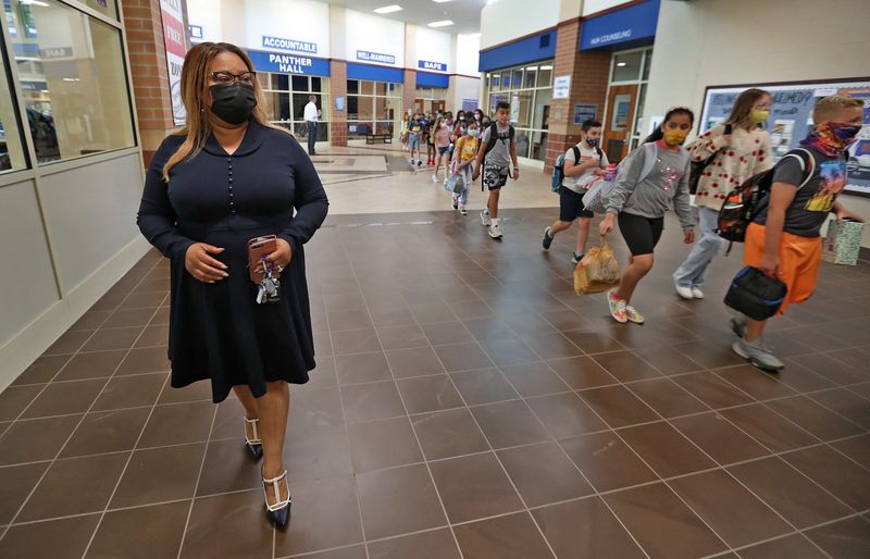 HSE superintendent Yvonne Stokes visits for the first day of the 2021-22 school year Wednesday, Aug. 4, 2021, at HSE Intermediate & Junior High School. She resigned in 2023.