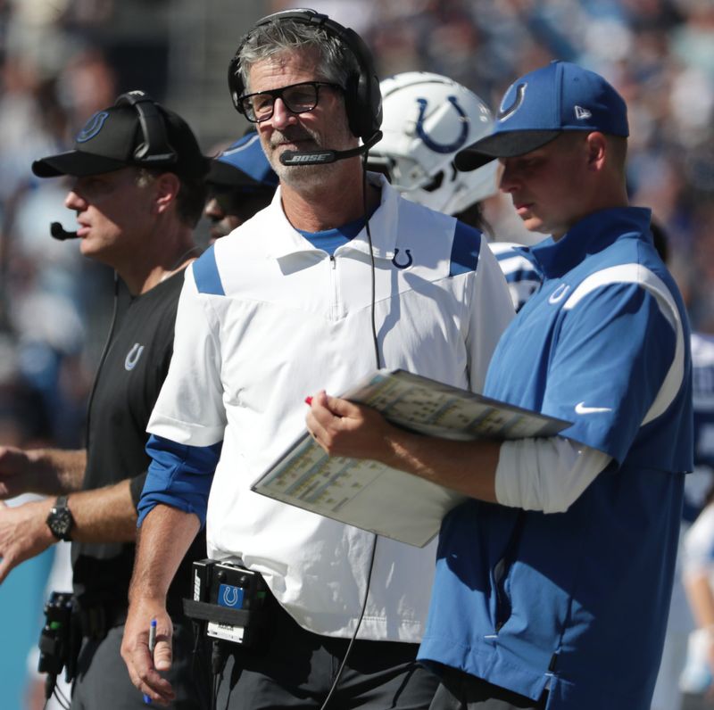 Colts coach Frank Reich watches his team during second half action on Sunday, Sept. 26, 2021, at Nissan Stadium in Nashville.