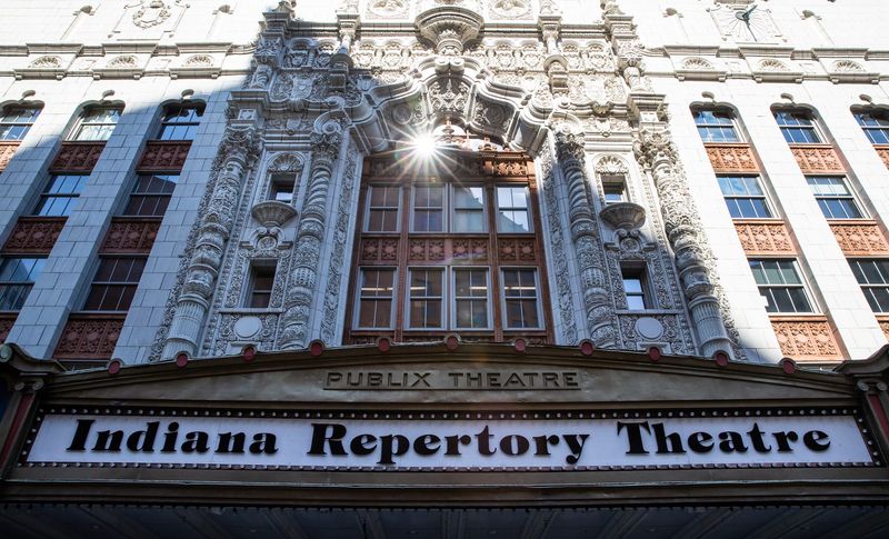 A window on the Indiana Repertory Theatre, located at 140 W. Washington Street in Indianapolis, reflects the sun Friday, Oct. 1, 2021.