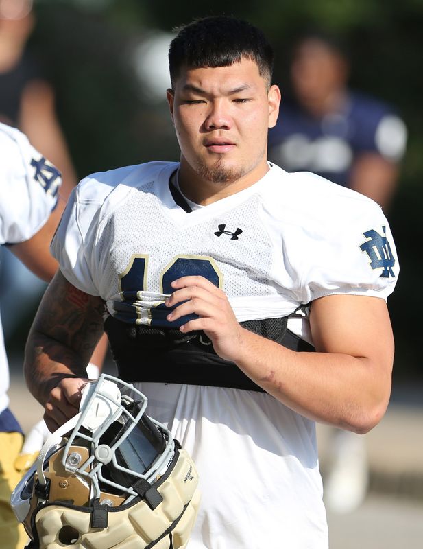 Notre Dame defensive end Jordan Botelho (12) during Notre Dame football fall camp Thursday, July 27, 2023, at the Irish Athletics Center in South Bend.