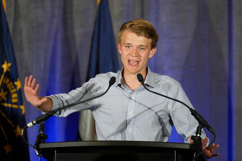 Nick Roberts, who will become a City-County Councillor in 2024, speaks during the Democratic watch party Tuesday, Nov. 7, 2023, at Kountry Kitchen's 910 North Event Center in Indianapolis.