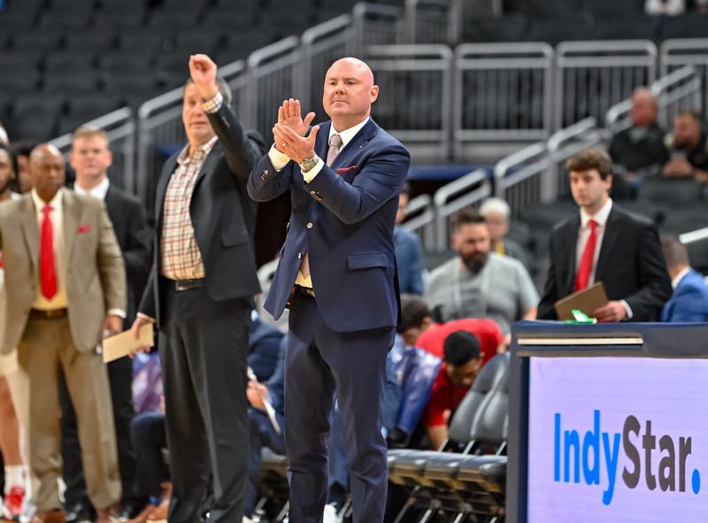 Ball State men's basketball head coach Michael Lewis during his team's 83-72 loss to Indiana State in the Indy Classic at Gainbridge Fieldhouse on Saturday, Dec. 16, 2023.