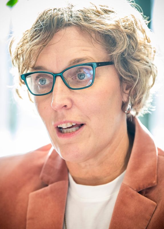 Mayor Kerry Thomson speaks in her office about the police headquarters moving to the Showers Building on Tuesday. Feb. 6, 2024.