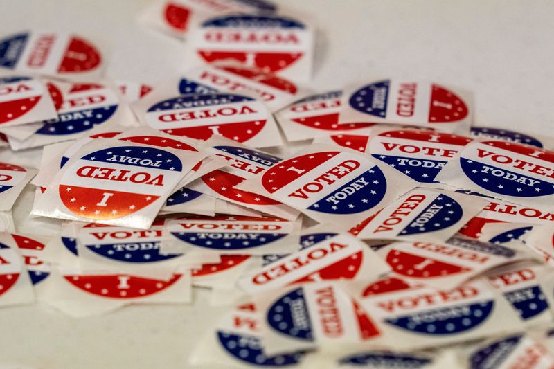 “I Voted” stickers are seen on the table as vote cast their ballots in the 2024 Indiana primary election at Washington Square Mall in Evansville, Ind., Tuesday, May, 7, 2024